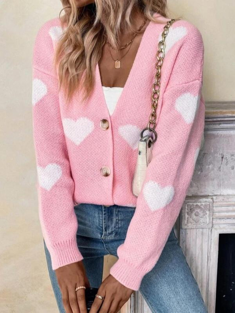 Women'S Heart Print Button Front Drop Shoulder Cardigan, Casual Long Sleeve V Neck Knitwear for Fall & Winter, Women Clothing